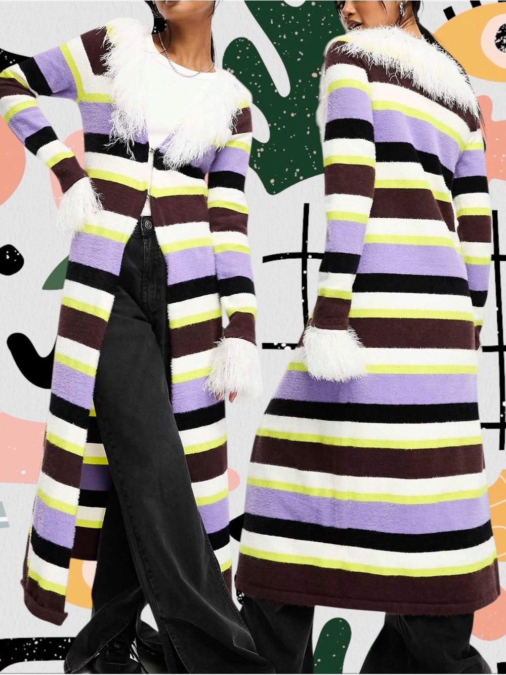 Annorlunda | Faux Fur Edged Stripe Longline Cardigan Sweater